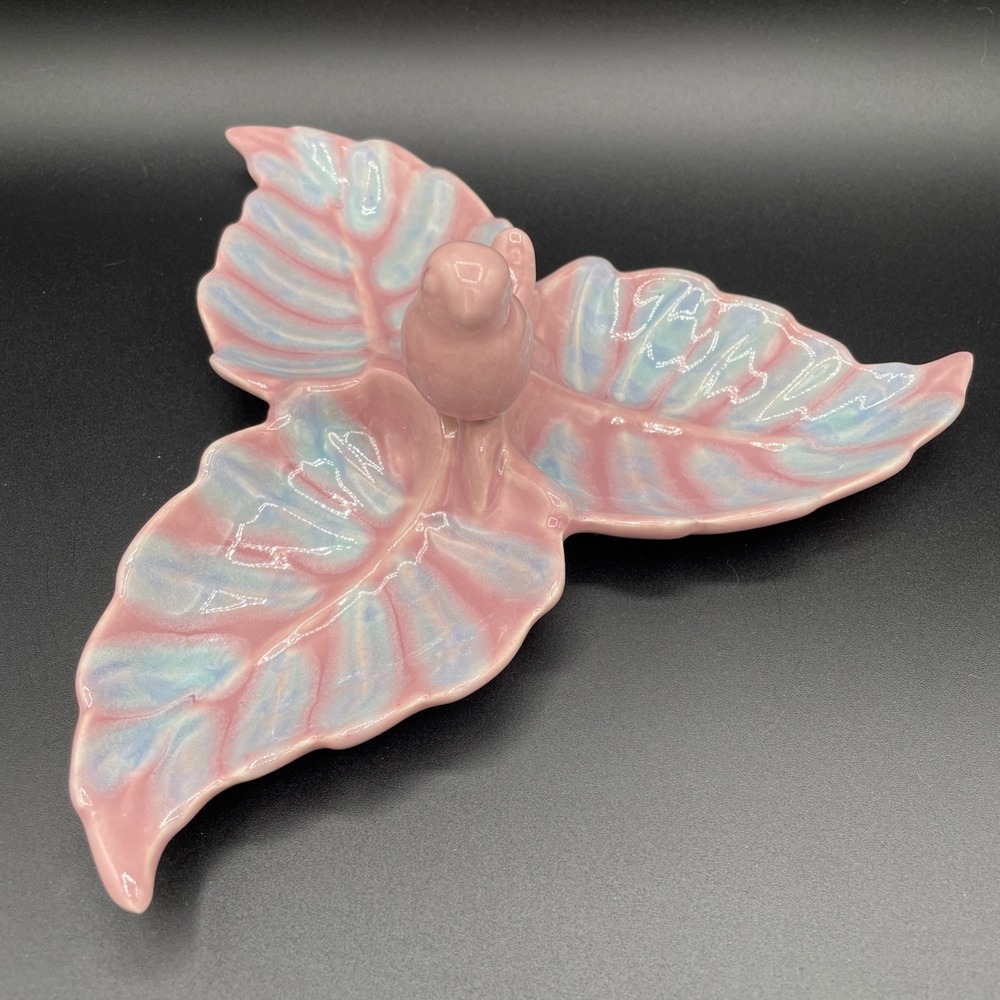 Vintage 1950's Royal Copley 3 Leaf Trinket Dish Pink Blue With Bird Incised USA - Picture 3 of 14